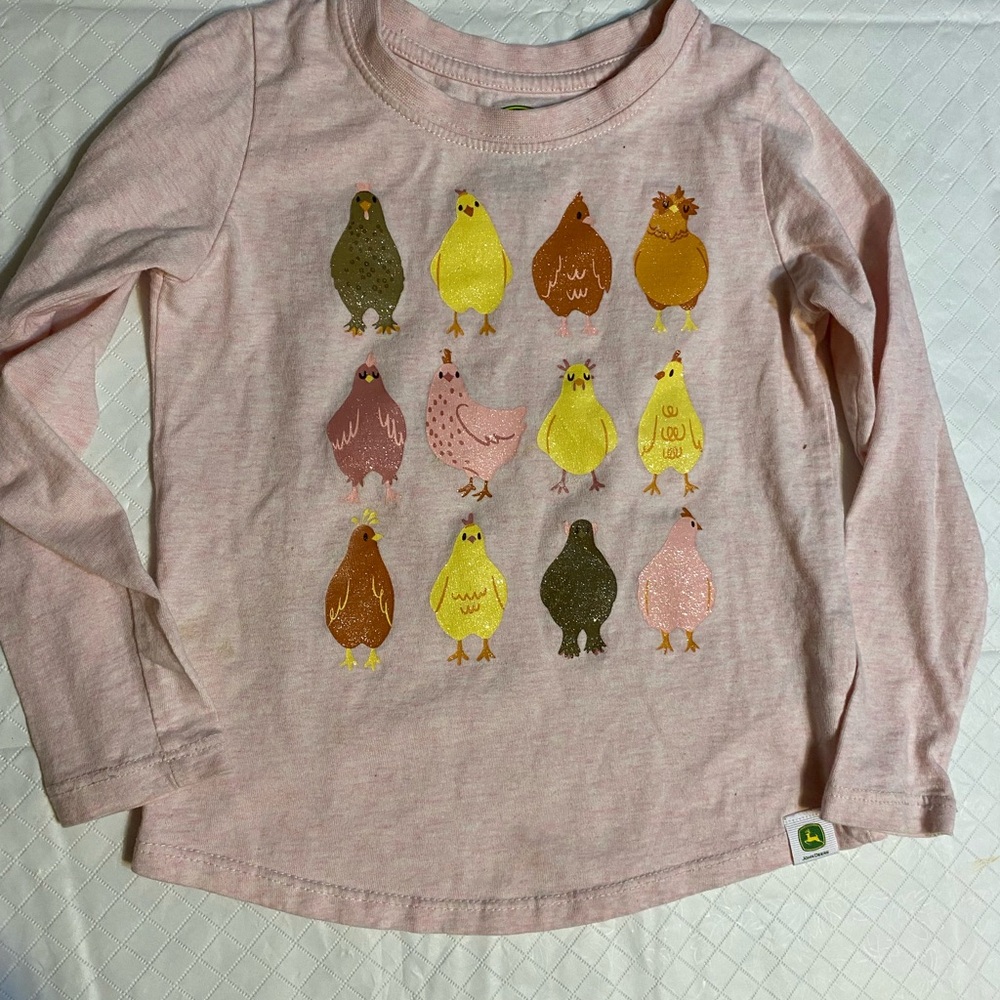 John Deere Pink Long Sleeve Kids Top with Multicolor Chickens